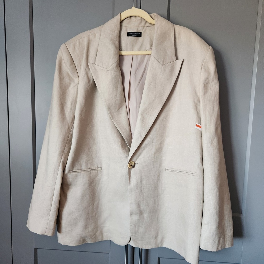 New Naked Wardrobe Oversized Linen Blazer Large L Beige Single Button Coat